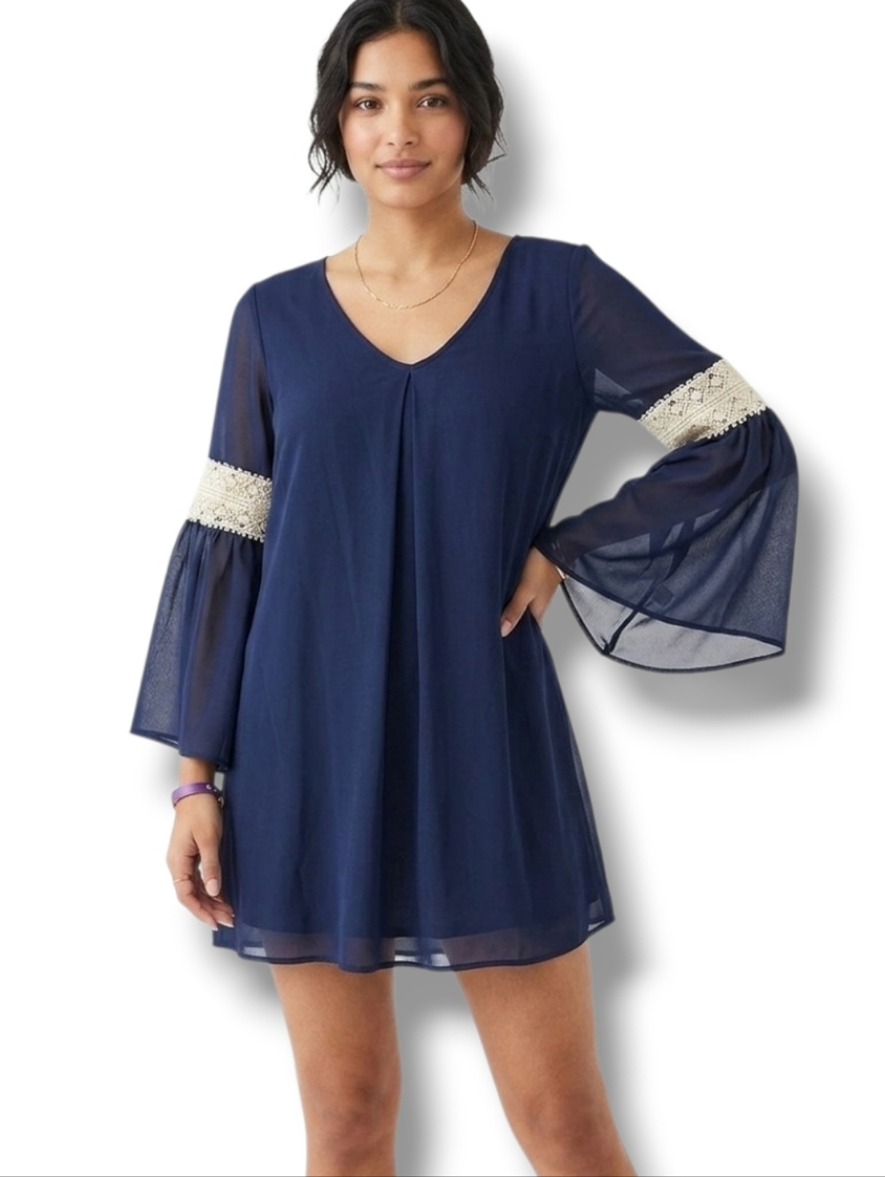 By & By Women’s Blue Sheer Lined Bell Sleeve Dress - Size Small